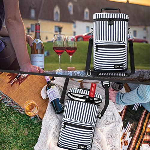 opux Wine Bag 2 Bottle Wine Tote Carrier, Insulated Wine Cooler Bag for Travel Picnic, Leakproof Portable Padded Case, Wine Gifts For Women Men Wine Lovers Christmas, Navy White Stripes - color: Navy Stripes