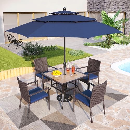 PHI VILLA 5 Piece Outdoor Dining Set with Umbrella for 4, 37" Square Metal Wood-top Dining Table & Wicker Rattan Chairs with Cushions & 10ft Blue Umbrella for Patio, Deck, Backyard, Porch - color: Navy Blue, size: 5PCS 37" Wood-top Table