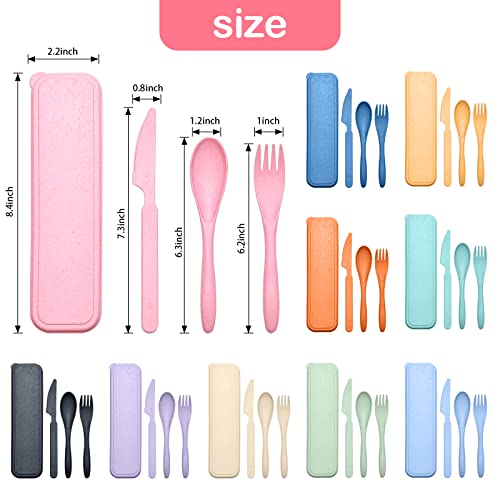 Reusable Travel Utensils Set with Case, 2 Sets Wheat Straw Portable Plastic Fork Spoons Knife Camping Cutlery, Eco-Friendly BPA Free Lunch Tableware for Kids Adults Travel Picnic Utensils - color: 2 Sets - Black, Dark Blue