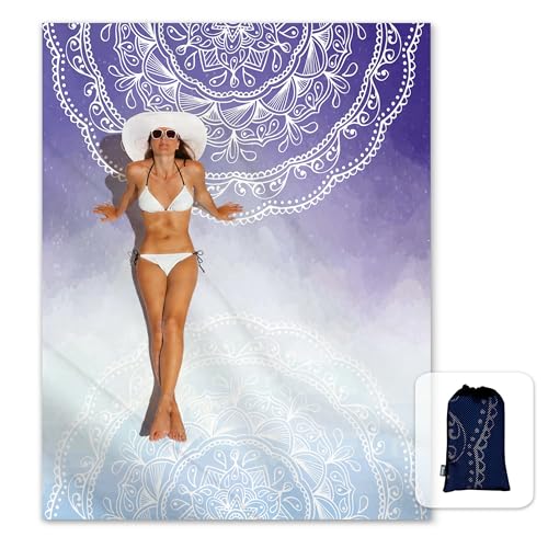 Sunlit Silky Soft Sand Proof Beach Blanket 106"x81" / 85"x72" Sand Proof Mat with Corner Pockets and Mesh Bag for Beach Party, Travel, Camping and Outdoor Music Festival, Mandala - color: Blue Violet, size: 106"x81"