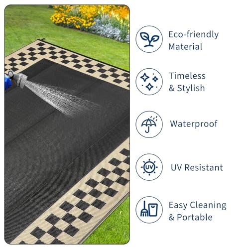 Outdoor Rug 9x12 Waterproof Reversible Patio Rug Geometric Outdoor Carpet with Stakes & Carry Bag, Fade-Proof & Weather Resistant RV Mat for Garden Backyard Balcony Camping Black Beige - color: Border1|black Beige, size: 9' x 12' (Rectangular)