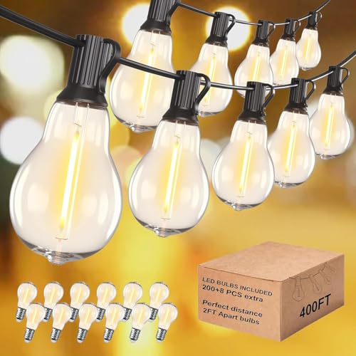 Outdoor String Lights 400FT(4x100) Patio Lights with 212 (12 Spare) Shatterproof Bulbs, String Lights for outside Waterproof hanging for Party,Wedding,Yard, Porch, Bistro, 2200K, Black cord - color: Black, size: 400ft