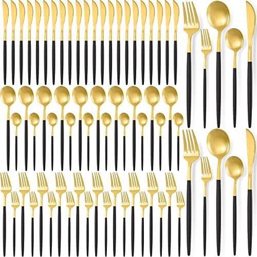 60 Pieces Stainless Steel Tableware Set Silverware Set Flatware Cutlery Utensils Spoon Fork Knives Service for 12 for Home Restaurant Apartment and Kitchens(Black Gold) - color: Black/Gold