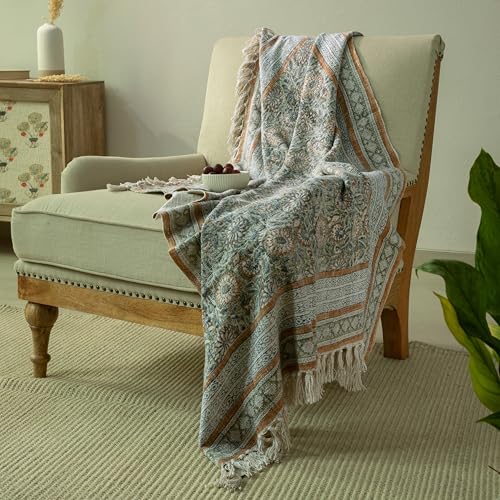 100% Pure Cotton Handblock Printed Throw Blanket, Soft 50" x 60" Fringed Floral Print Throw for Couch, Sofa, Chair, Bed - Cozy, Machine Washable, Comfortable Home Decor - color: Fern Green