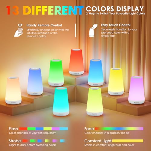 Auxmir Rechargeable LED Night Light, Touch & Remote Control Bedside Lamp with 13 Colors, 5 Brightness Levels, Portable Table Lamp for Kids Baby Nursery, Bedroom, Bathroom, Camping, White - color: White