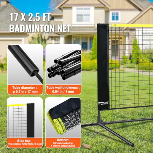 VEVOR Badminton Net, Height Adjustable Volleyball Net, Wide Foldable Pickleball Net, Portable Easy Setup Tennis Net Set with Poles, Stand and Carry Bag, for Kids Backyard Game Indoor Outdoor Use - size: 17ft