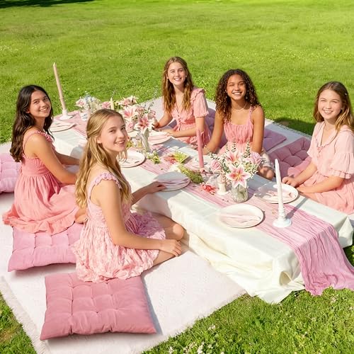 Extra Large Outdoor Picnic Blanket with Table Runner and Floor Pillow Cushion for Picnic Wedding Birthday Baby Shower Backyard (91 x 71'',Pink,6-Person) - color: Pink