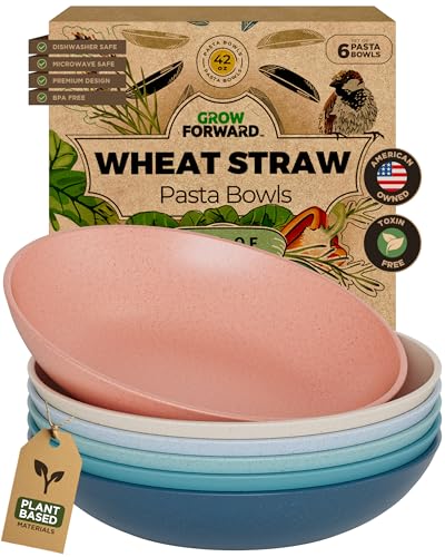 Grow Forward Premium Wheat Straw Pasta Bowls - 42oz Unbreakable Wide & Shallow Dinner Plate Bowls Set of 6 - Microwave Safe Reusable Plastic Pasta Bowls for Kids, Adults, Salad, Camping, RV - Tropical - color: Tropical, size: 42oz