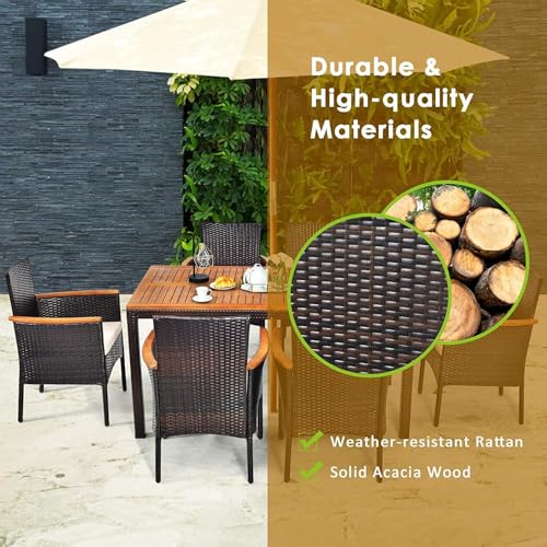 HAPPYGRILL 7-Piece Rattan Patio Dining Set Outdoor Wicker Dining Set with Umbrella Hole, Removable Cushions, Table & Chairs Set with Acacia Wood Table Top - color: Brown & Tabletop B