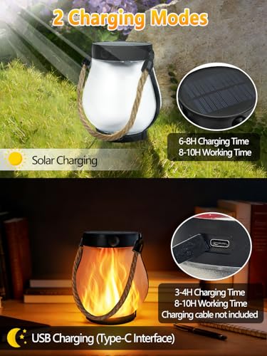 4 Pack Gen2 Solar Lanterns Outdoor Waterproof, Solar Lantern with Dancing Flame, 2 Lighting Modes, Dual Charging USB & Solar, Solar Outdoor Lights with Rope Handle for Camp Garden Tree Tabletop Decor - size: 4 PK