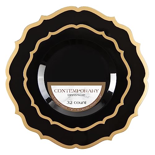 PLASTICPRO 32 Pack Elegant Disposable Plastic Plates Combo Set Includes 16 Dinner Plates and 16 Salad Plates Heavy Duty Fancy Party Plates Black & Gold Contemporary Design - color: Black & Gold Contemporary