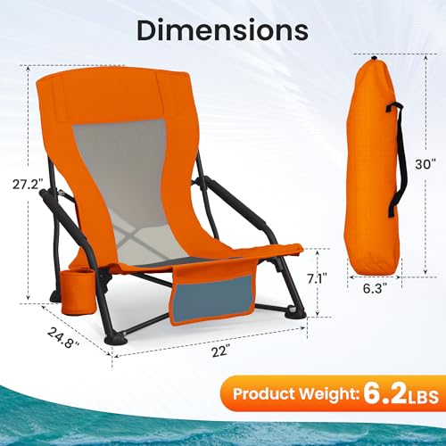 Portable Folding Beach Chair for Adults - Lightweight Low Back Sling Chair with Cup Holder & Storage Pocket, 300lbs Capacity Camping Chair for Outdoor, Lawn (Bright Orange, 4 pcs) - color: Bright Orange, size: 4 pcs