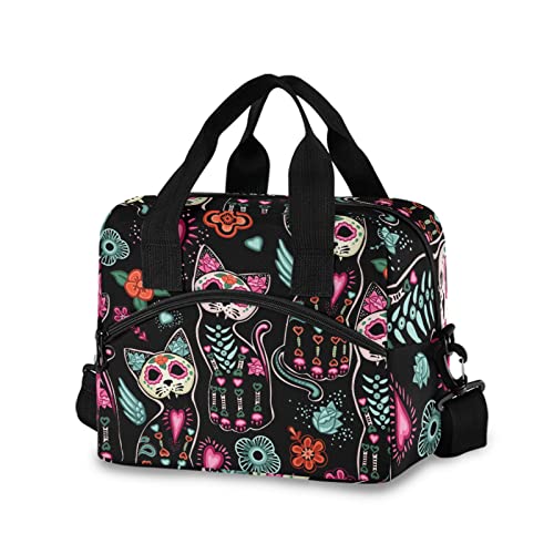 Death and Halloween Cats Insulated Lunch Bag Reusable Lunch Tote Bag Cooler Bag for Women Men Adult Lunch Box with Adjustable Shoulder Strap Leakproof Lunch Bag for Work School Picnic Camping - color: Death and Halloween Cats
