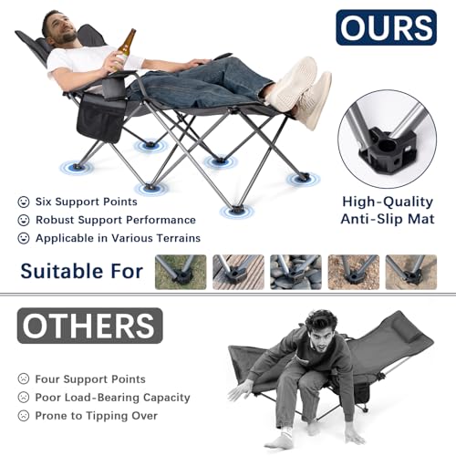 apollo walker Reclining Beach Chair, Adjustable 90-135° Backrest Camping Lounge Chairs for Adults, Folding Chair with Foot Rest & Detachable Pillow - Standard 6-Leg, Grey - color: Grey, style: 6-Leg