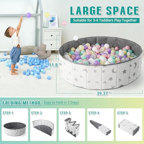 40Inch Kids Ball Pit, Foldable & Portable & Reusable Balls Pool for Toddlers,Playpen/Fence for Baby, Play Pool for Dog, Indoor & Outdoor Use, Oversized (Star/Moon) - color: Gray,white