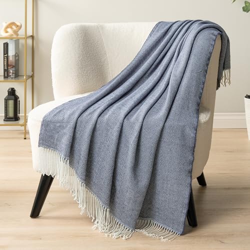 PAVILIA Herringbone Blanket Throw with Fringe,Faux Cashmere Knitted Throw with Tassels for Couch Bed,Decorative Farmhouse Soft Lightweight Plush Fuzzy Cozy,50x60,Herringbone - Navy Blue - color: Herringbone - Navy Blue, size: 50 X 60 Inches - Throw