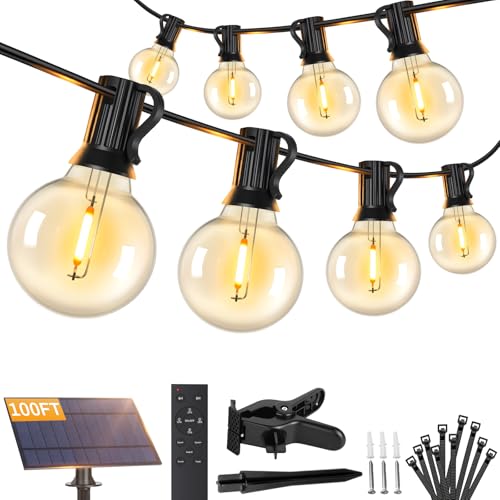 Brightever 100FT Solar String Lights Outdoor with Remote and 36+2 LED Shatterproof G40 Bulbs, Dimmable & Timable, 3 Lighting Modes, Waterproof Solar Power Outdoor Lights for Patio, Garden, Wedding - size: 100FT