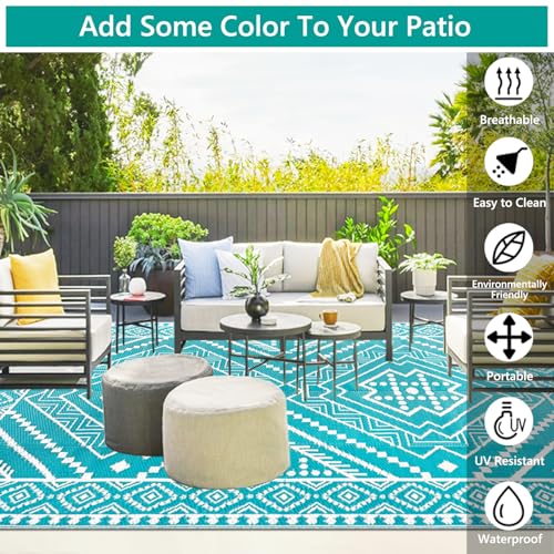 Waterproof Outdoor Rug 8x10 ft, Reversible Plastic Straw Mat, Large Floor Mat for Patio, Camping, Picnic, Backyard RV, Deck, Teal - color: Teal, size: 8' x 10'