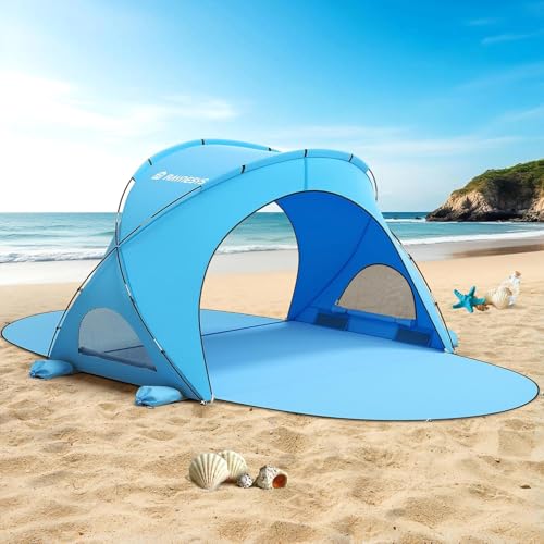 Raynesys Beach Tent Sun Shelter, Beach Shade Tent with UPF50+ UV Protection, Portable Sun Shelter for 1-3 Person, Shade Tents with 2 Zippered Doors for Sand Camping Fishing, Blue - color: Blue, size: For 3 Person