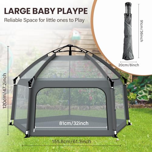 Baby Playpen with Self-Inflating Play Mat & Travel Bag, Portable Outdoor Playpen for Babies and Toddlers, Foldable Pop Up Play Tent for Home, Park, Beach and Camping (Grey)