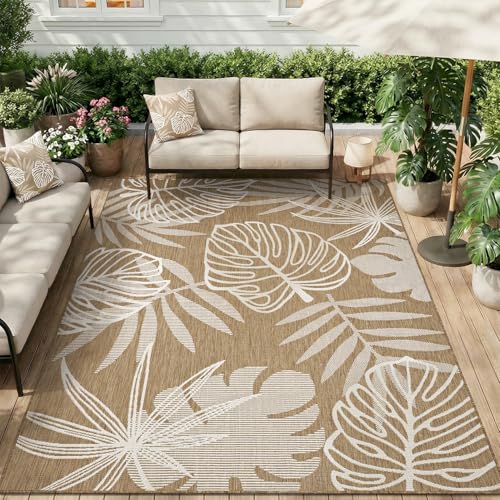 MontVoo-Outdoor Rug-Patio Rug 6x9 ft Polypropylene Indoor Outdoor Rugs Outdoor Carpet for Patio Deck Balcony Porch, Textured Weave, Durable for High Traffic, Fade-Resistant, Tropical Neutral Brown - color: Brown Tropical, size: 6' x 9' (Rectangular)