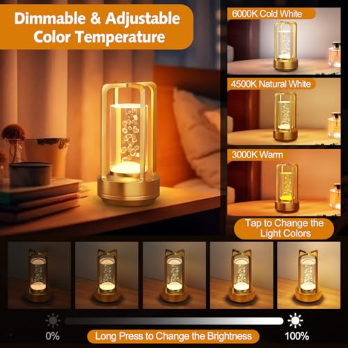 Portable Table Lamp for Outdoor Indoor: Cordless Rechargeable Desk Lamp with 3 Color Stepless Dimmable - Metal Battery Operated Lantern Light for Bedroom/Bar/Coffee Shop/Camping (Gold (Bubble)) - color: Gold (Bubble)