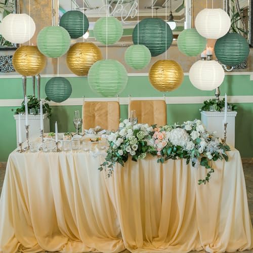 Sage Green Gold Paper Lanterns Decorative, Round Hanging Paper Lanterns for Graduation Wedding Bridal Shower Birthday Party Neutral Baby Shower Decorations, 21pcs - color: Bean green