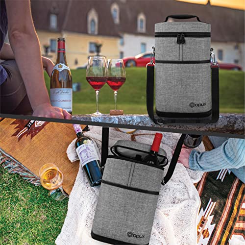 opux 2 Bottle Wine Carrier Tote, Insulated Leakproof Wine Cooler Bag, Wine Travel Bag for Picnic BYOB Beach, Portable Wine Bottle Carrying Case, Gift for Wine Lover Women Men Christmas, Heather Grey - color: Heather Gray