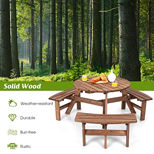 Giantex 6 Person Wooden Picnic Table Set with Wood Bench, with Umbrella Hold Design, Perfect for Outdoor Garden Yard Pub Beer Dining, Dark Brown - size: 67"L×67" W×27.5"