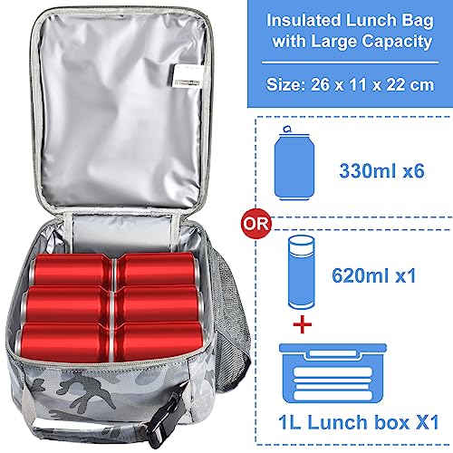 Insulated Lunch Bag, Leakproof Portable Lunch Box for Women Men Boys Girls, Large Capacity Cooler Bag for Office School Camping Hiking Outdoor Beach Picnic (Camo Grey) - color: Camo Grey