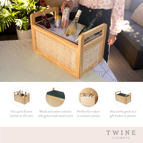 Twine Rattan and Wood Bottle Cooler Basket, Beverage Tubs for Parties, Beverage Chiller Ice Bucket for Drinks with Handles, Holds 8 Wine Bottles or 6.5 Gallons Set of 1 - style: Rattan & Wood