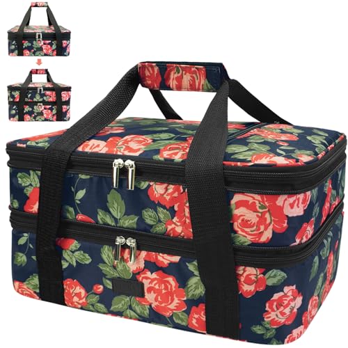 Expandable Casserole Carrier Bag - Double Decker Food Bag, Insulated Casserole Carrier for Hot or Cold Food, Lasagna Holder Tote for Picnics,Beaches,Traveling or Gifts - color: Folwer
