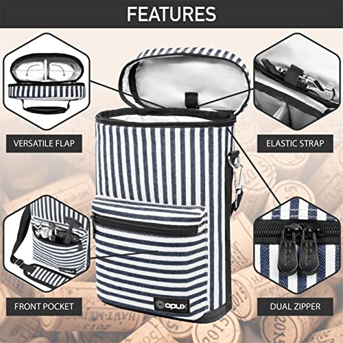 opux Wine Bag 2 Bottle Wine Tote Carrier, Insulated Wine Cooler Bag for Travel Picnic, Leakproof Portable Padded Case, Wine Gifts For Women Men Wine Lovers Christmas, Navy White Stripes - color: Navy Stripes