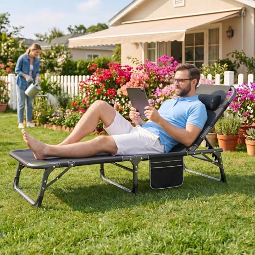 ABORON 3-in-1 Folding Patio Lounge Chair, 440LB Heavy-Duty Tri-Fold Guest Bed with Plush Cotton Cushion, No Assembly Adjustable Recliner for Office Nap, Patio Sunbathing, Poolside & Camping - color: Khaki Shadow