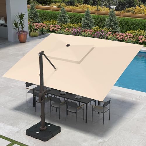 9 X 12 FT Cantilever Patio Umbrella with Led Lights and Base Included Outdoor Heavy Duty Double Top Rectangle Offset Umbrellas with 360-degree Rotation for Pool Deck Backyard, Beige - color: Beige, size: 9' X12' Weighted Base Included(LED)