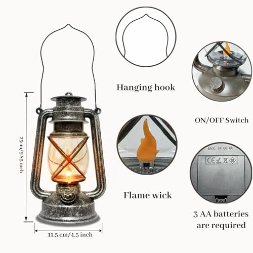 Vintage LED Outdoor Lantern Battery Powered Lanterns with Flame Wick Waterproof Camping Lamp Non-Solar Hanging Lantern Lights Landscape Decor for Indoor/Outdoor Use- Silver Color - style: Silver color