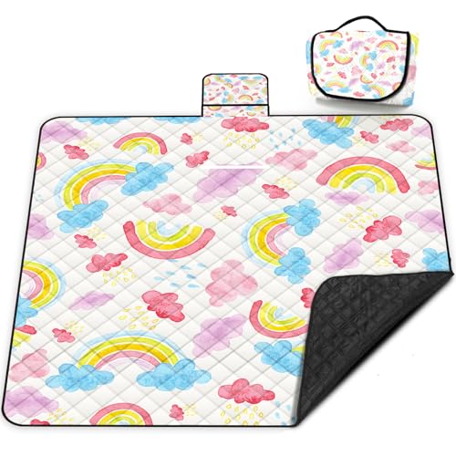 Extra Large Picnic Blanket Waterproof,80"x 80"Foldable Machine Washable Beach Blanket,Outdoor Blanket for 6-8 Adults,Picnic Mat Suitable for Indoor Crawling,Park Beach,Camping,Hiking,Travel (Rainbow) - color: Pink Rainbow, size: 6'8" x 6'8" (Square)