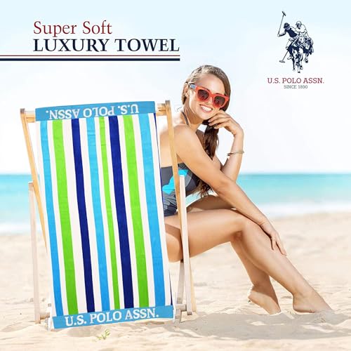 U.S. Polo Assn. 2-Pack Luxury Plush Cotton Oversized (40" x 70") Beach Towels, Striped Nautical Design, Hotel Quality for Bath & Pool- Dark Blue/Light Green - color: Dark Blue/Light Green, size: 40" x 70"