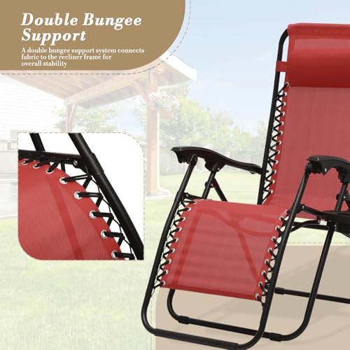 Athena Collection Zero Gravity Outdoor Lounge Chair Set of 2 with Side Table, 25" Width Pool Lounge Lawn Chairs Reclining with Cup Holder, Outdoor Chaise for Beach Patio Backyard Outside, Dark Red - color: Dark Red, style: 25" Width