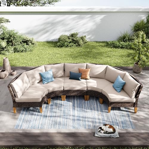 PHI VILLA 3-Piece Wicker Patio Furniture Set, Outdoor Curved Sectional Sofa Conversation Set with Cushions, Half-Moon Modular Couch for Garden, Deck, Backyard, Beige - color: Beige, size: 5 Seats - Half Moon