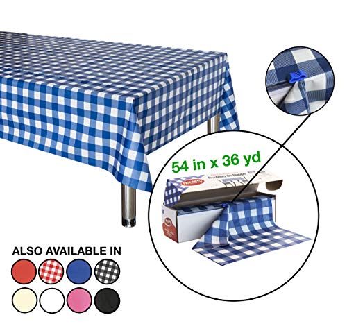 Neatiffy Disposable Plastic Table Cloth Roll | 54 in x 108 Ft Waterproof Tablecloth | Table Cover for Rectangle, Square, Round Oval Tables | Picnic, Party, Banquet, Birthdays, Weddings - Blue Gingham - color: Blue Gingham