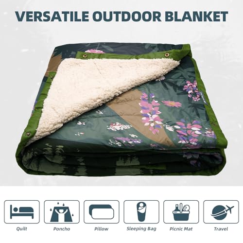 Outdoor Camping Blanket with Sherpa Lining, Extra Warm Thick Camp Blankets and Puffy Ultralight Soft Poncho DWR Camping Quilt for Cold Weather, Adventure, Sleeping, Backpacking 78"x 56" - color: Aden Green, size: 78 x 56 inches