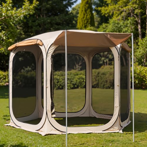 East Oak 12×12 FT Pop Up Canopy Tent with Mesh | Outdoor Screen House with 6 Sunshades | Instant Canopy with Portable Carry Bag | Gazebo Tent for Camping, Patio, and Beach | Beige - size: 12*12 FT