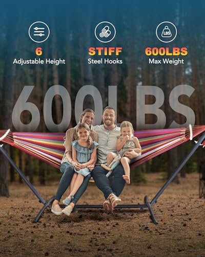 EveryFun Double Hammock with Heavy-Duty Steel Stand,Portable,Easy Assembly,600lbs Weight Capacity,Suit for Indoor,Yard,Camping,or Outdoor - color: Dc-tropical Rainbow