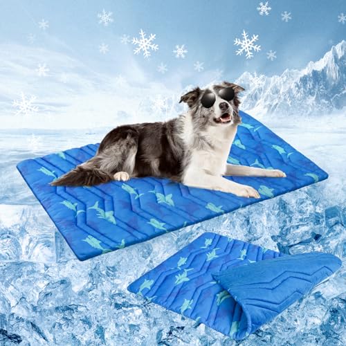 BEAUTYZOO Dog Cooling Mat- Upgraded Thicken Cooling Mat for Large Dogs Reversible(Cool & Warm) Pet Ice Cool Bed Washable & Portable, Summer Crate Pad for Big Dog Puppy Up to 80 lbs, Shark Blue 48X28IN - color: Shark Blue, size: 48.0"L x 28.0"W x 1.0"Th(L)