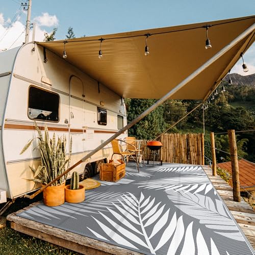GENIMO Outdoor Rug 10' x 20' Waterproof for Patios Clearance, Reversible Outdoor Plastic Straw Camping Rug Carpet, Large Area Rugs Mats for RV, Camper, Deck, Balcony, Porch, Beach, Picnic, Grey&White - color: Grey & White | Waterproof, size: 10' x 20' (Re