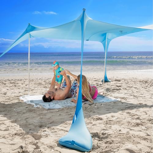 SUN NINJA Beach Tent Sun Shelter UPF50+ - Easy Pop Up Beach Canopy - Outdoor Shade for Camping Trips, Fishing, Backyard Fun Picnics - Sand Shovel, Ground Pegs & Stability Poles - color: Turquoise, size: 7x7.5 FT 4 Pole
