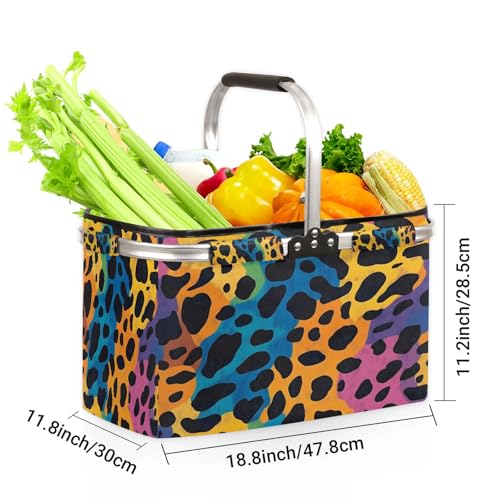 Colorful Leopard Print Picnic Basket Large Collapsible Market Baskets Portable Reuasble Shopping Bags with Handles for Camping Beach Travel - color: Orange