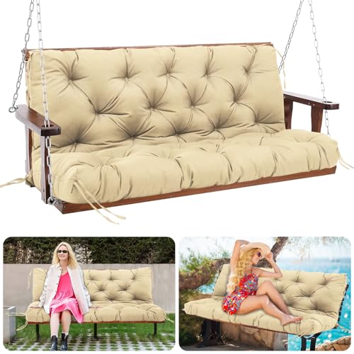 Patio Swing Cushions for Outdoor Furniture Thick 5in Porch Swing Cushions Waterproof 3 Seater 60 inch Outdoor Swing Cushions with Back (Khaki-60x40 inch) - color: Khaki, size: 60x40x5inch