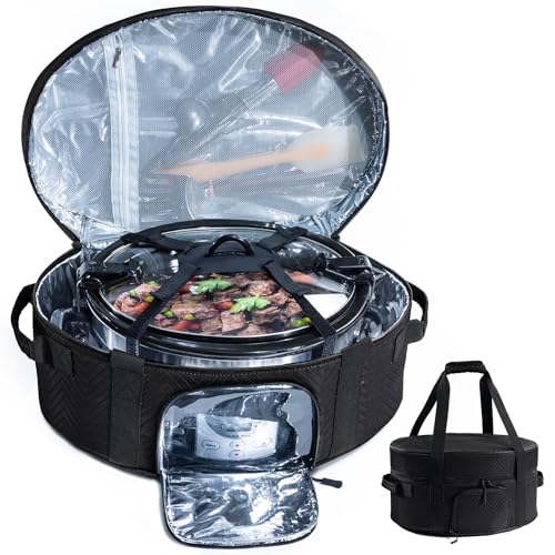 Insulated Slow Cooker Carrying Bag for 6-8 Quart CrockPot and Hamilton Beach Slow Cooker with See-thought Window, Portable Carrier Case with Adjustable Band and Accessory Pocket - color: Black